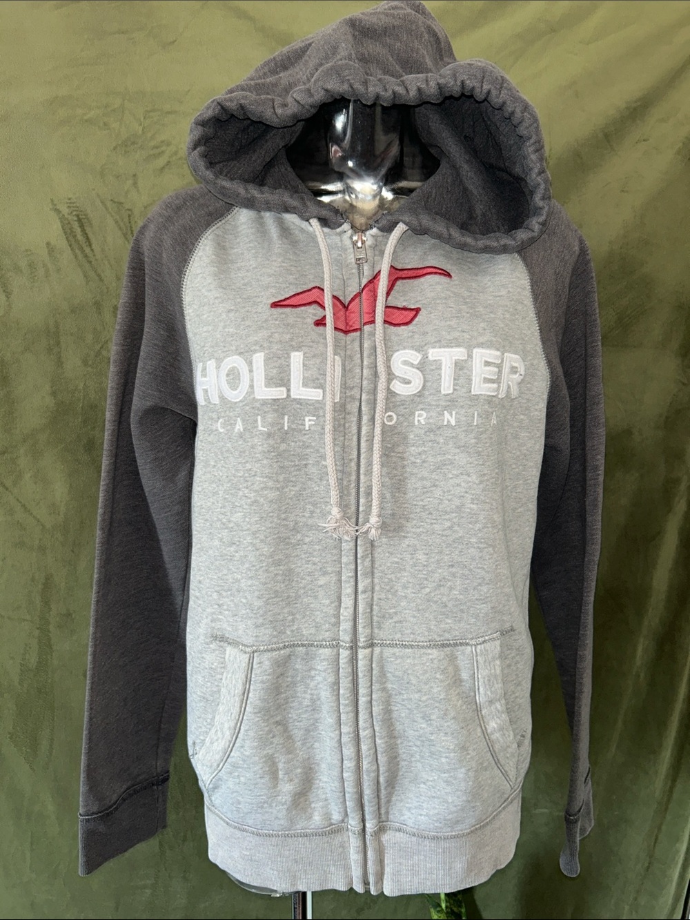 Hollister Two-Tone Grey Zip-Up Hoodie with Red Logo